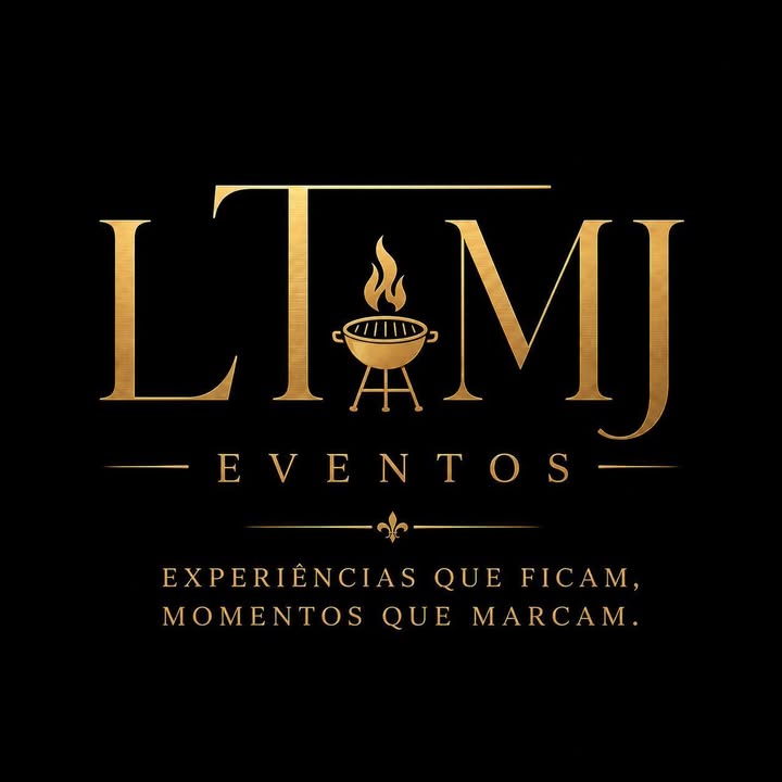Logotipo oficial LTMJ Eventos, dourado sobre fundo preto, com símbolo de churrasqueira